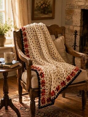 Vintage Handmade Crochet Throw Blanket Cream Granny Afghan 46x61 Cottagecore
